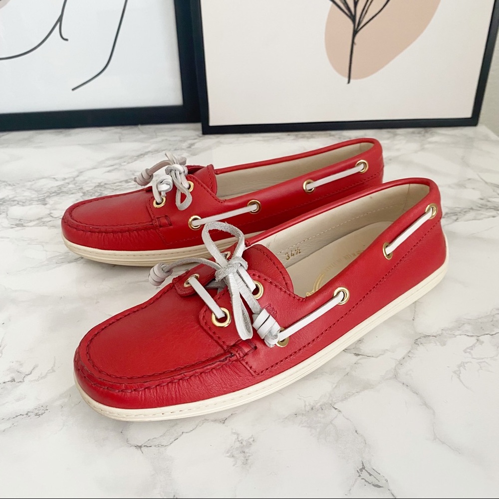 Tod’s Red Leather Lace Up Driving Loafers Boat Shoes Flats 4.5